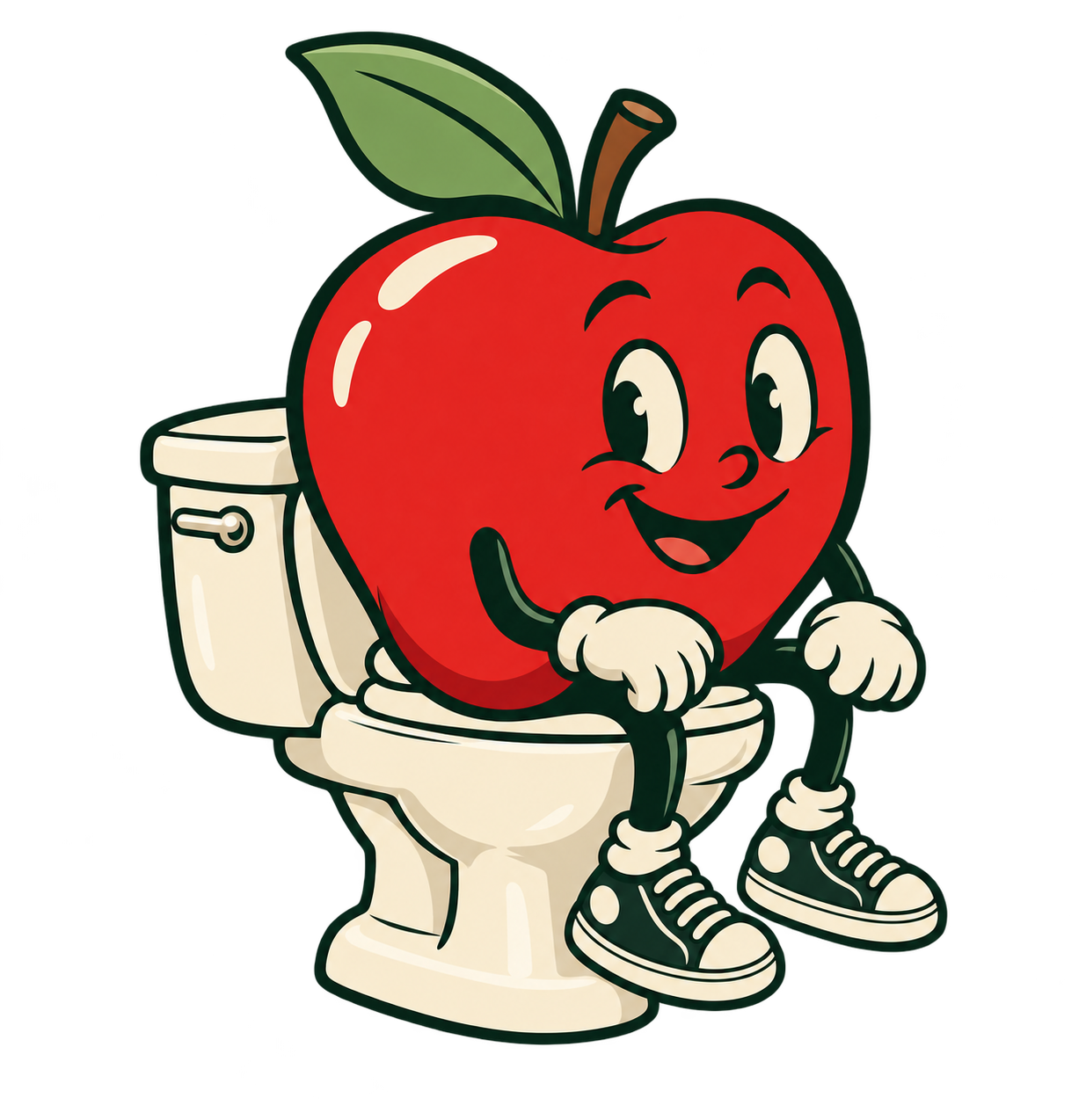 Big Apple sitting on a toilet