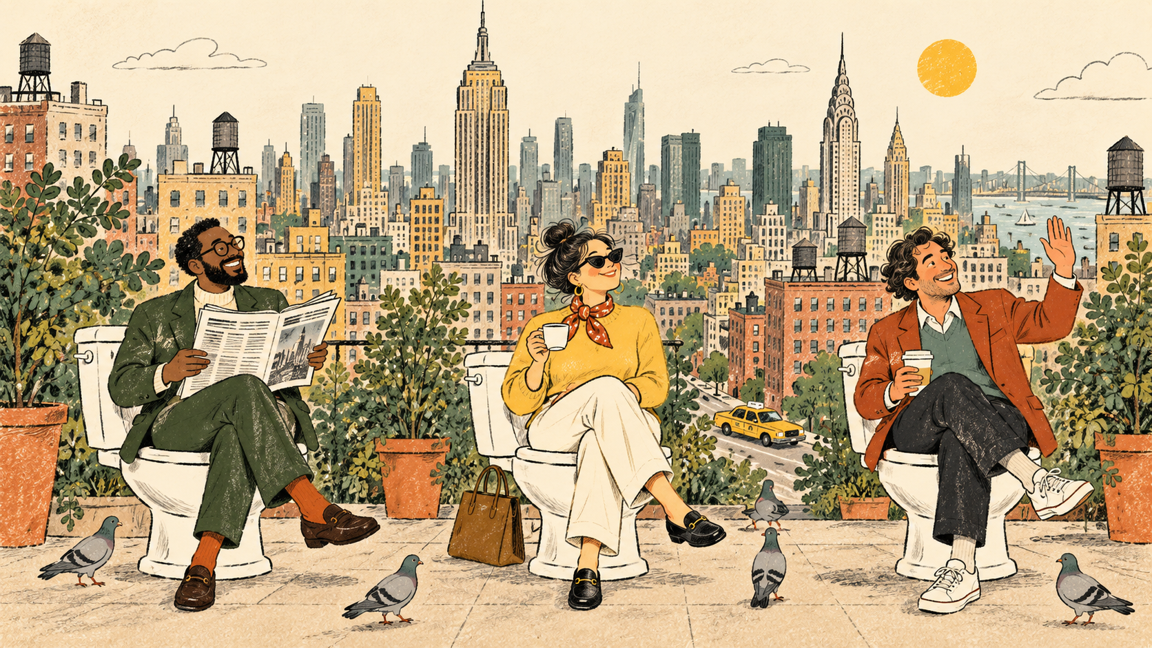 Whimsical happy New Yorkers sitting on toilets against the NYC skyline